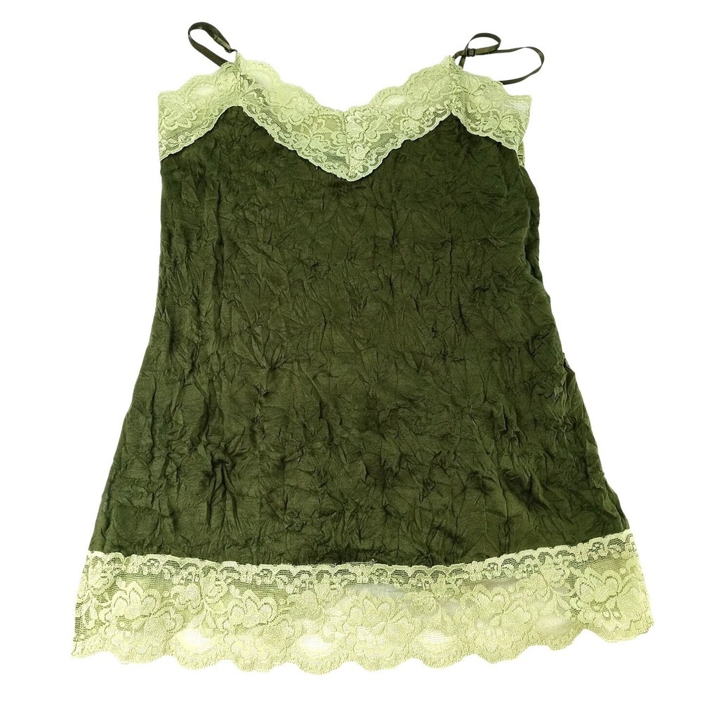 Y2K Xhilaration Olive‎ Green Lace Trim Crinkle Camisole Top Women's Size M